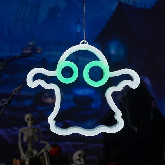 Taicans Halloween LED Neon Sign Decor - Spooky Ghost Pumpkin Bat Decorations for Wall/Bedroom/Party - USB & Battery Powered (3 AA) - 7.8x9.8in White Plastic Light