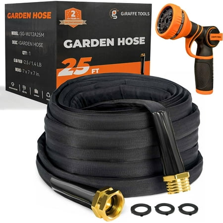 Garden Hose 25FT Lightweight Lay Flat Water Kink Free Flexible with 9 Spray Function Nozzle(Black)