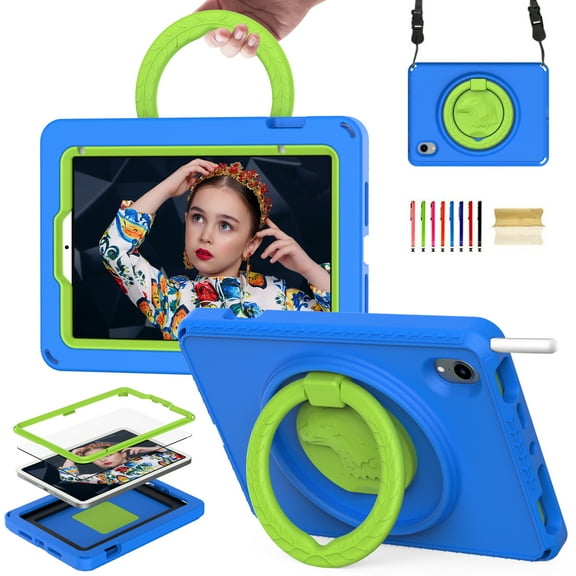 Feishell Case for Apple iPad mini (6th generation) with Built-in Screen Protector,Shockproof Rugged 360 Rotatable Folding Handle Kickstand Kids Friendly EVA Case Cover with Shoulder Strap,Blue