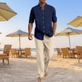 thumbnail image 2 of Glisme Mens 2 Piece Sets Summer Outfits Breathable Linen Long Sleeve Shirt With Button And Comfortable Pants For Home Yoga Casual Wear Outdoor Beach Fashion Clothing Set Navy, 2 of 5