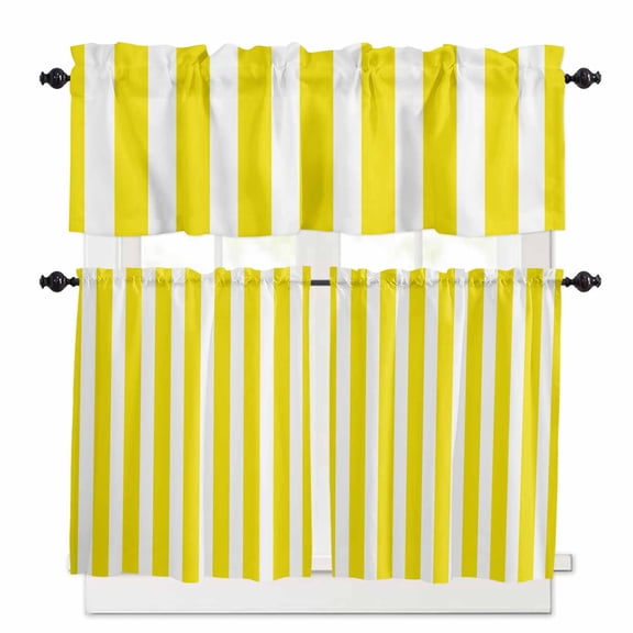 Yellow Striped Kitchen Curtain Set, Modern Farmhouse Yellow White Stripes Window Valance and Tiers 36" Length, Light Filtering Short Curtains Valance for Cafe Bathroom Bedroom 54"x18"