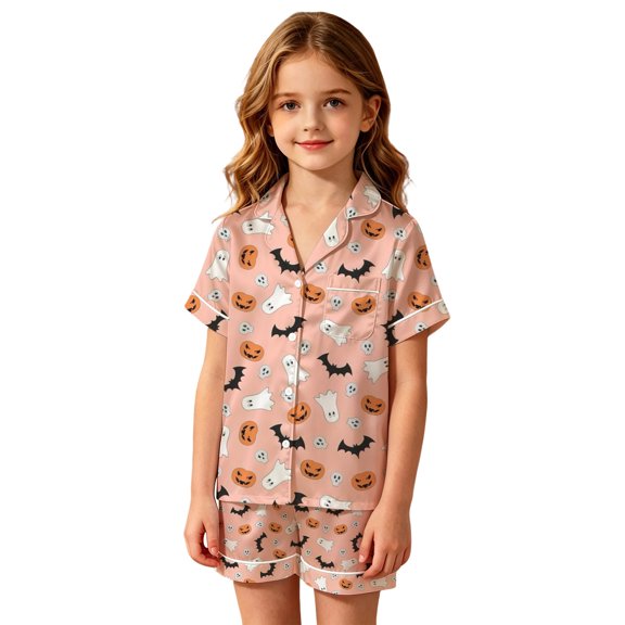JIAYUE Girls Pajamas Halloween Graphic Short Sleeve Notched Collar Button Top And Shorts 2 Piece Sleepwear Set for Party And Casual Bedtime,2-3 Years