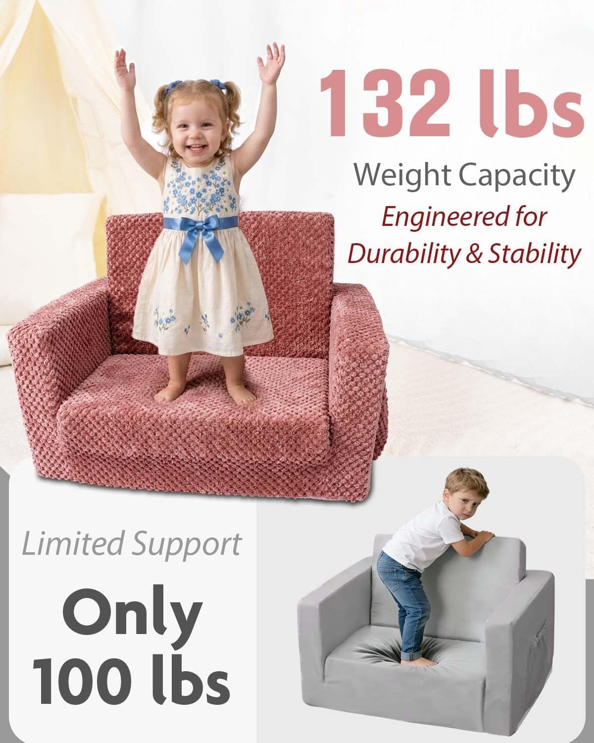 Beavtaens Foldable Toddler Couch with Soft Sherpa Cover, 2-in-1 Comfy Toddler Sofa & Lounger for 1-3 Years Old Girls Boys, Kids Chair with Pockets & Handle for Reading, Playroom, Pink