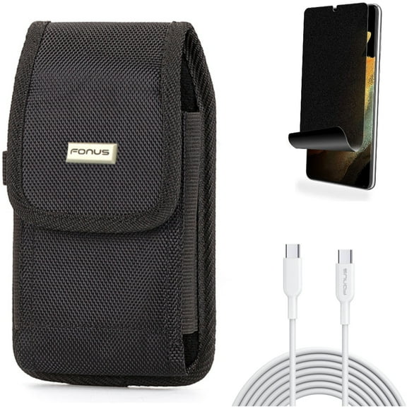 Privacy Screen Protector & 6ft Long Type-C Cable & Case Belt Clip for Samsung Galaxy S21 Ultra Phone - TPU Film Fingerprint Works & PD Fast Charger Cord Power & Rugged Holster Accessory Bundle