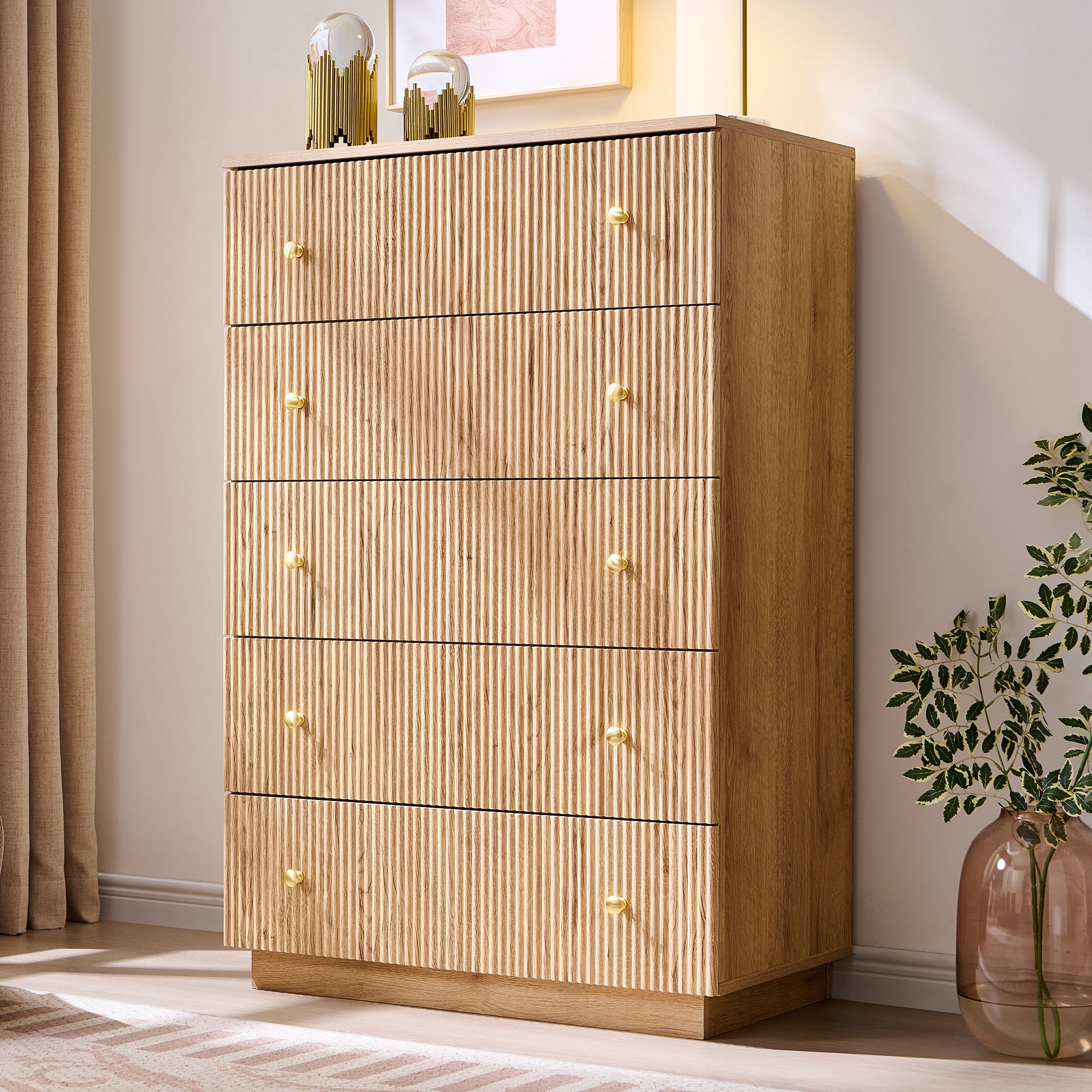 wow97e Fluted 5 Drawers Dresser, Wood Tall Chest of Drawers with Deep Storage, Modern Bedroom Chest for Closet Hallway, Entryway, Living Room