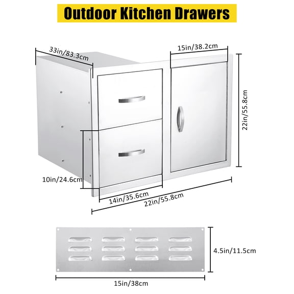 Superior Stainless Steel Outdoor Kitchen Drawer & Door Combo – Weather-Resistant Storage Cabinet, BBQ Island/Patio, 33"W x 22"H x 22"D, Left Drawer/Right Door, Dust-Proof
