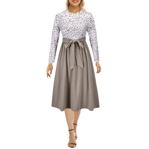 Vestido de mujer con cinturón y estampado de empalme, cintura alta, ajustado, cuello redondo, manga Abanopi Beige/Extragrande