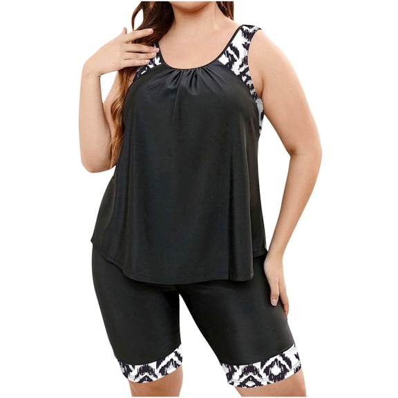 SwiftWear Women's Plus Size Tankini Set with Swim Shorts Knee Length, Tummy Control Two-Piece Swimsuit Flattering Beach Swimwear