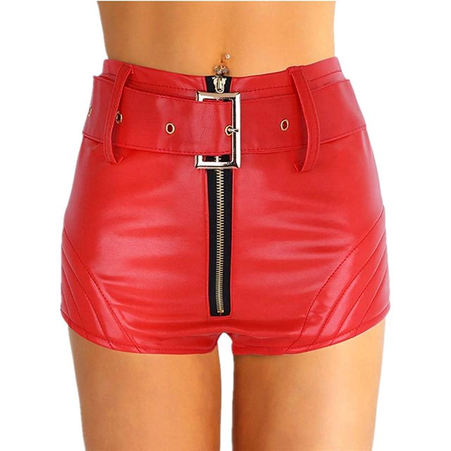 Iefiel Women Wetlook Crotch Zipper Faux Leather High Waisted Booty Shorts Brief Style Bottoms 2371