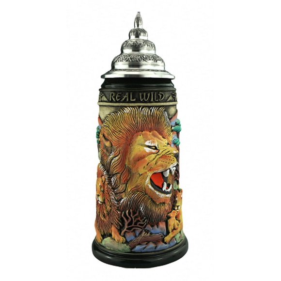 German Beer Stein Lion Stein ''The Mighty One'', 0.75 liter tankard, beer mug, rustic, hand-painted, with pewter lid