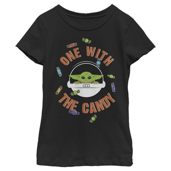 Girl's Star Wars: The Mandalorian Halloween Grogu One With the Candy Graphic Tee Black Medium