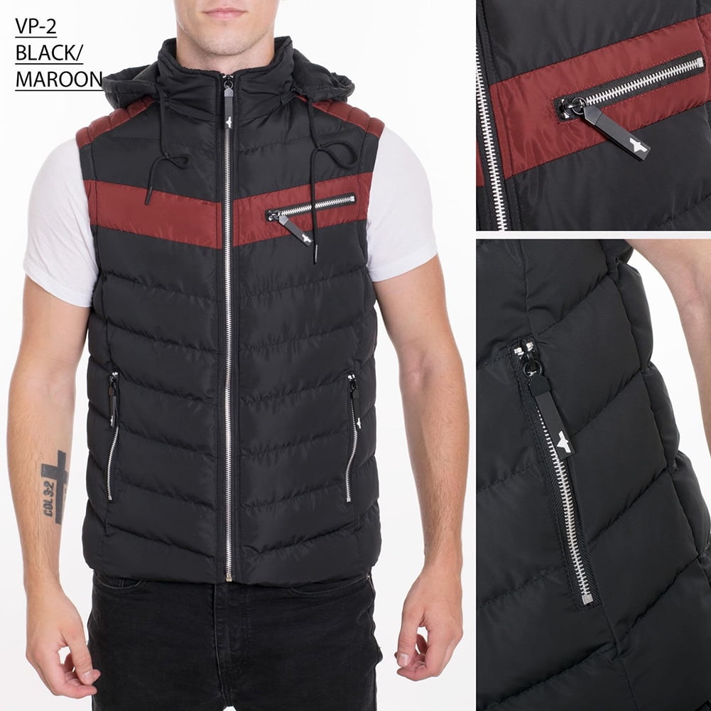 Mens Puff ZipUp Vest With Zipper Pockets Drawstring Hoodie Black VP2