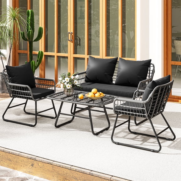 Dextrus 4-Piece Patio Furniture Set with Cushions and Metal Table for Backyard, Balcony, Black