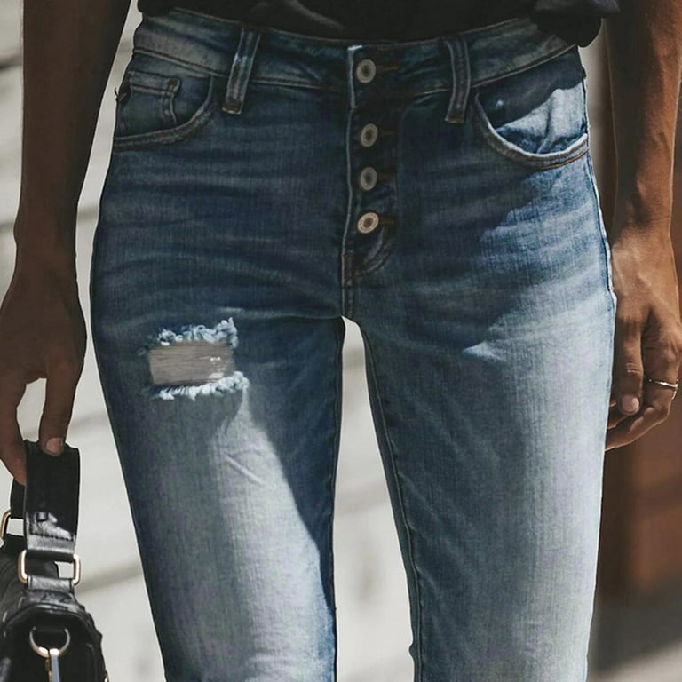 Idoravan Women's Plus Size Pants Clearance Fashion Women Pockets Button Mid  Waist Skinny Ripped Jeans Trousers Hole Denim Pants