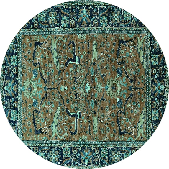 Ahgly Company Machine Washable Indoor Round Oriental Turquoise Blue Industrial Area Rugs, 8' Round