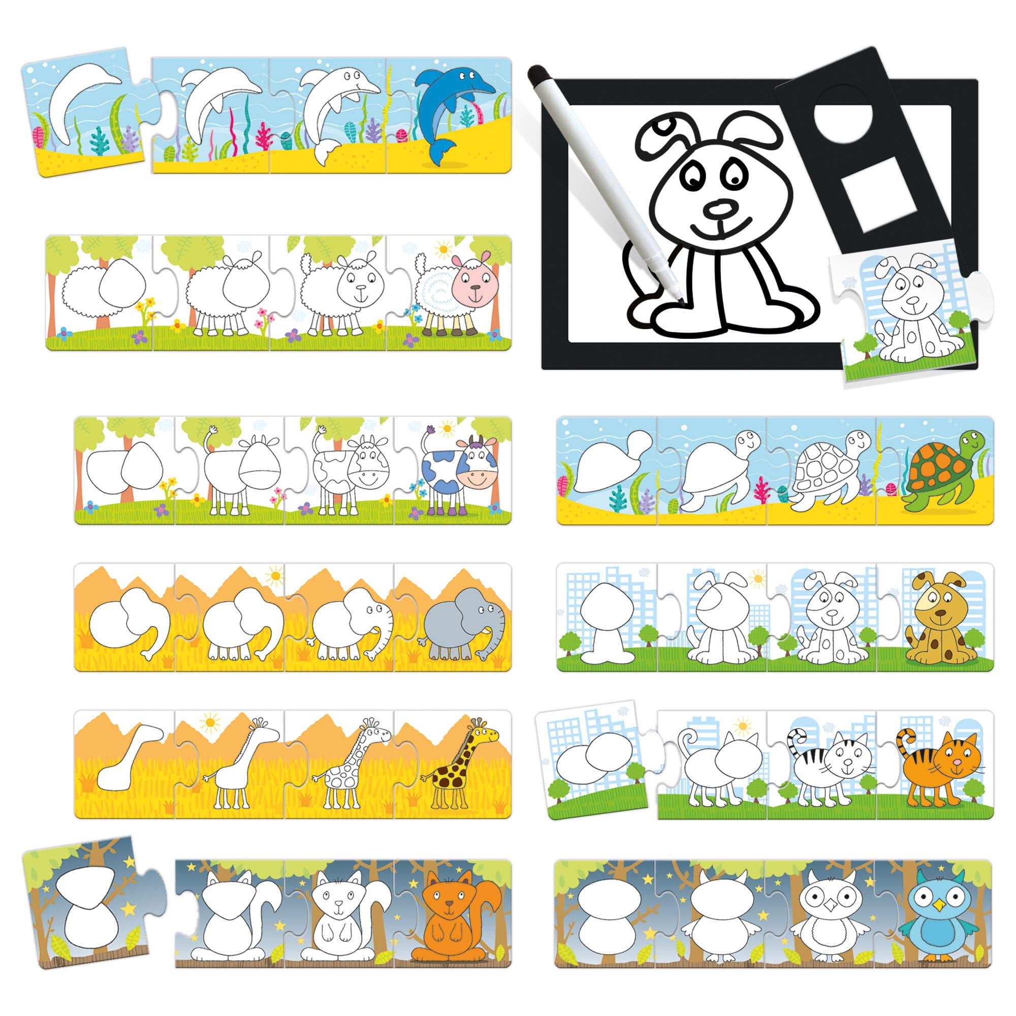 Headu Step By Step Drawing School - Puzzle & Animal Drawing Kit, Doodle Erase Board, 10 Progressive Puzzles, Sketch & Play Activity, Art Toy, Kids 3-6