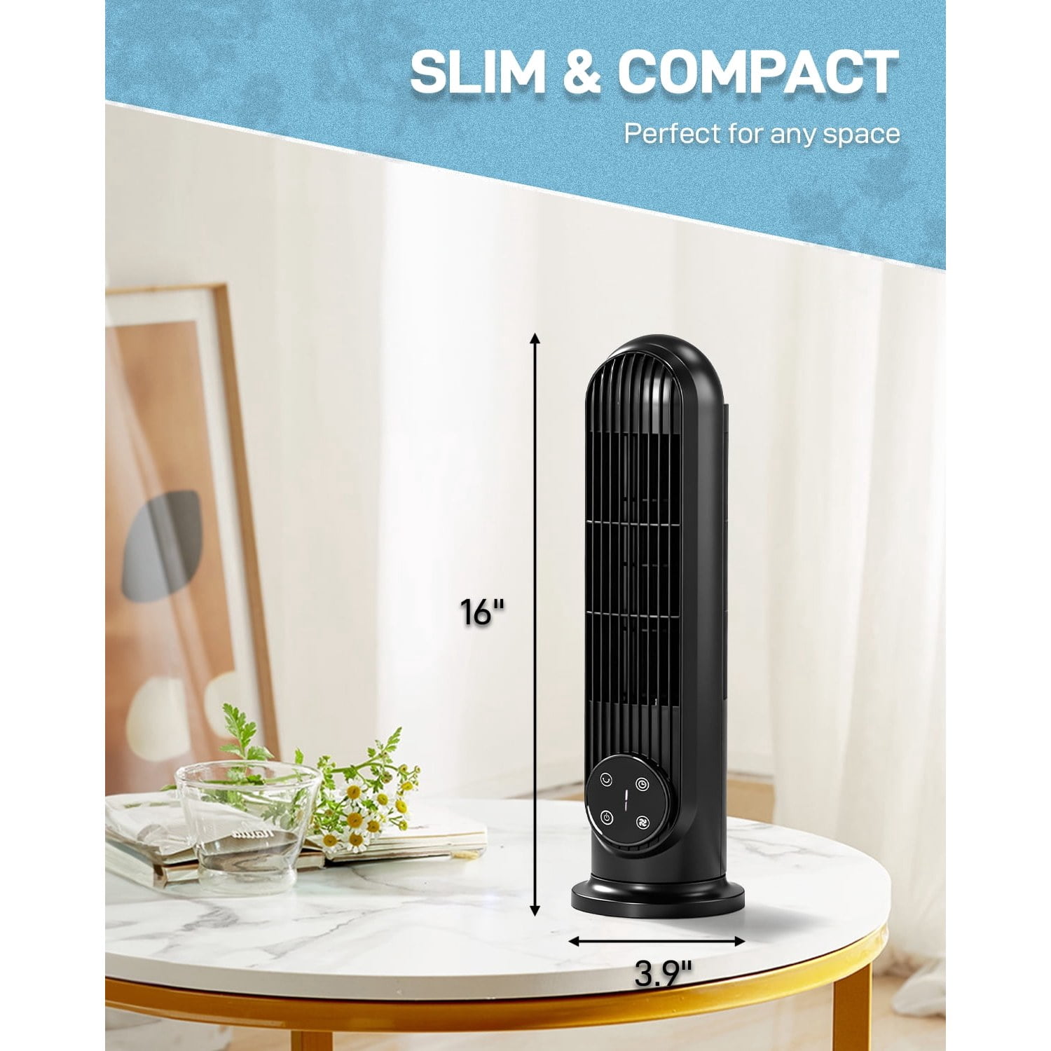 Tower Fan, 110V, 25W, 16 Inch Mini Column Tower Fan, Touch Control with Remote, Plastic Body, Copper Motor, Black, 3 Speed, Oscillating, 9-Hour Timer, Floor & Wall Mount for Home Use
