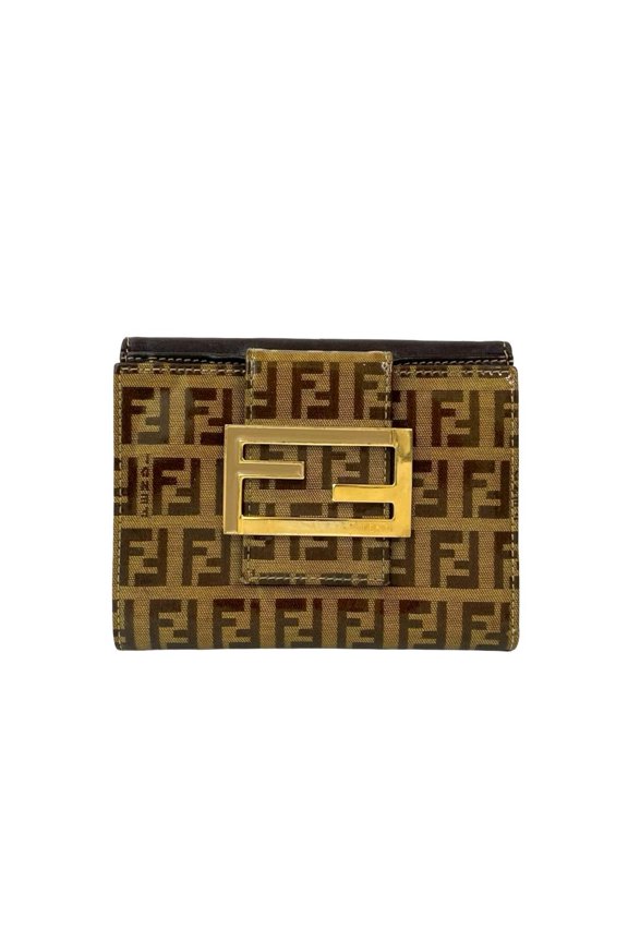 Pre-Owned FENDI Zucchino FF logo leather patent enamel bifold wallet with double snap closure,...
