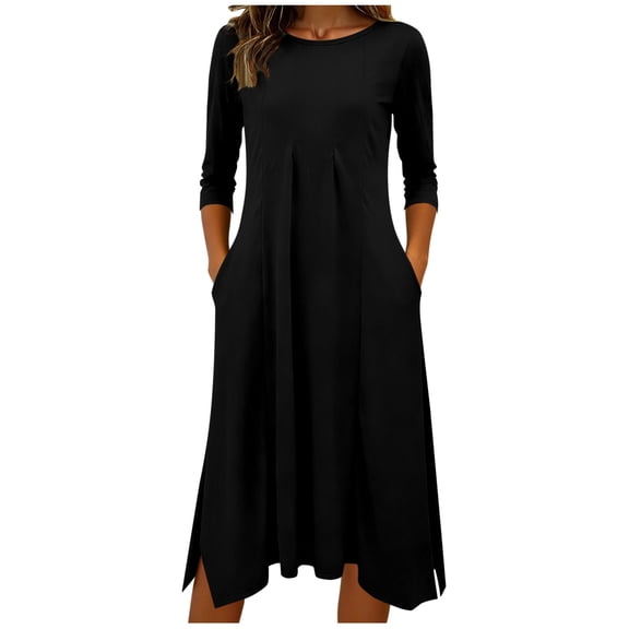 RYRJJ Women's Casual Midi Dress A Line 3/4 Sleeve Tunic Dresses Pleated Crew Neck Loose Fit Side Split Dress with Pockets(Black,XXL)