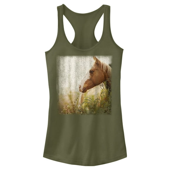Junior's Lost Gods Horse in Pasture Racerback Tank Top Military Green Medium