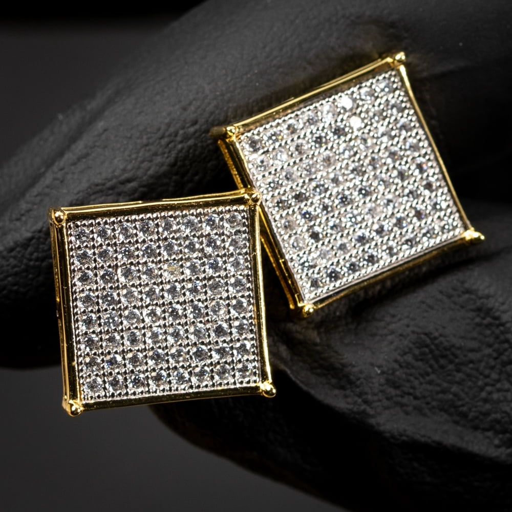 Men's Large Two Tone Yellow Gold Plated 925 Sterling Silver Square Cz Hip Hop Screw Back Stud Earring