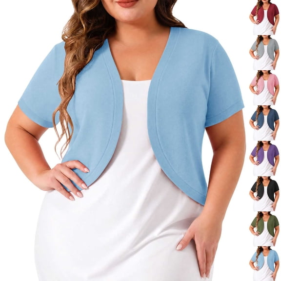 Women's Plus Size Cropped Cardigans Open Front V Neck Short Sleeve Knit Shrug Lightweight Dress Cover Up Wine