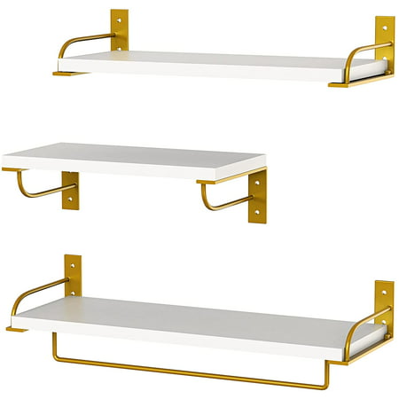 Floating Shelves Wall Mounted Set Of 3, White And Gold Floating Shelves