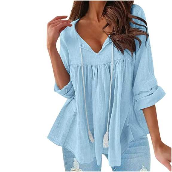 IROINNID Discount Women's Long Sleeve V-Neck Shirts Casual Long Sleeve V-Neck Cotton Linen Solid Drawstring Loose Tops Blouse,Light Blue