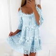 thumbnail image 2 of Vestido sexy de encaje con hombros descubiertos, vestido casual holgado y dulce de verano, camisola de manga corta, color liso, cuello redondo, minivestidos cortos 26249, 2 of 4