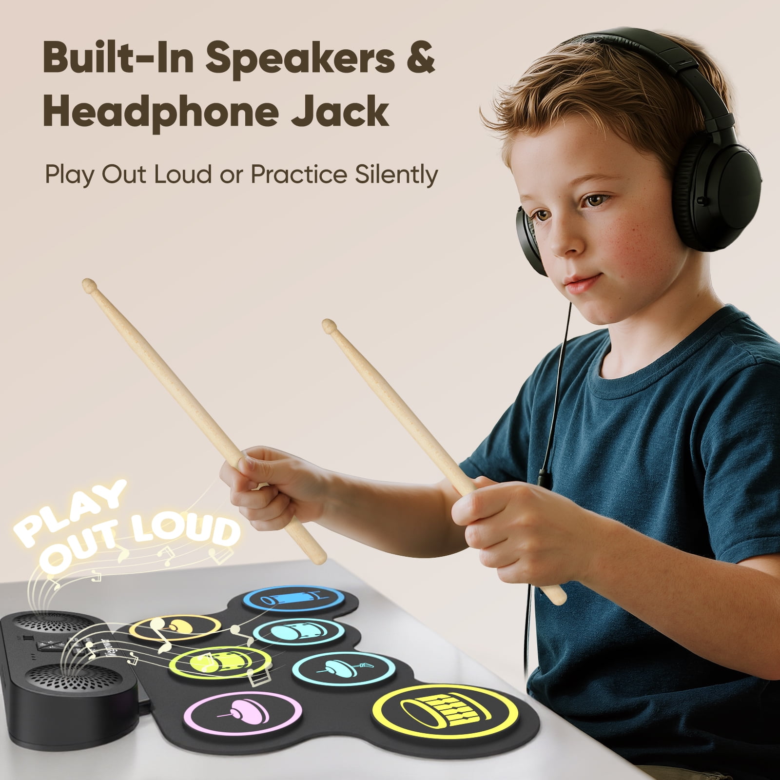 7-Pad Electronic Drum Set for Kids, Portable Electric Drum Kit with Built-in Speaker & Headphone Jack, Kids Drum Set for Beginners Toddlers 3-5 with Pedals & Drumsticks