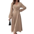 thumbnail image 2 of Vestido LaLaLin de manga larga con cuello en V y cintura torcida para mujer, maxi caqui, 2 of 7