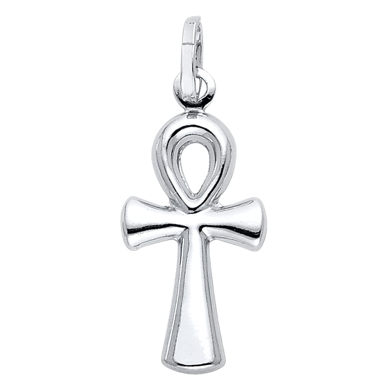 Solid 14K White Gold Egyptian Ankh Cross Pendant - Handmade Plain Design, Fine Jewelry