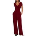 thumbnail image 2 of Womens V Neck Short Sleeve Top Wide Leg Pants Casual Comfortable Outfit Set Two Piece Wine Red [Short Sleeve] S, 2 of 5