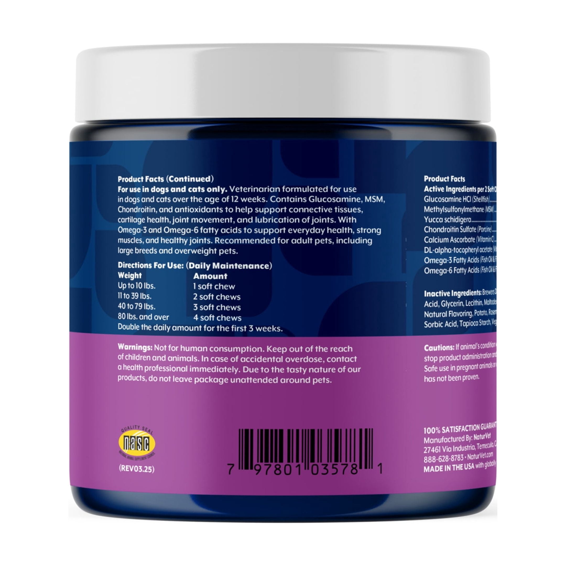 NaturVet Moderate Joint Care Hip & Joint Supplement for Dogs and Cats, Bacon and Chicken Flavor, 120 Count