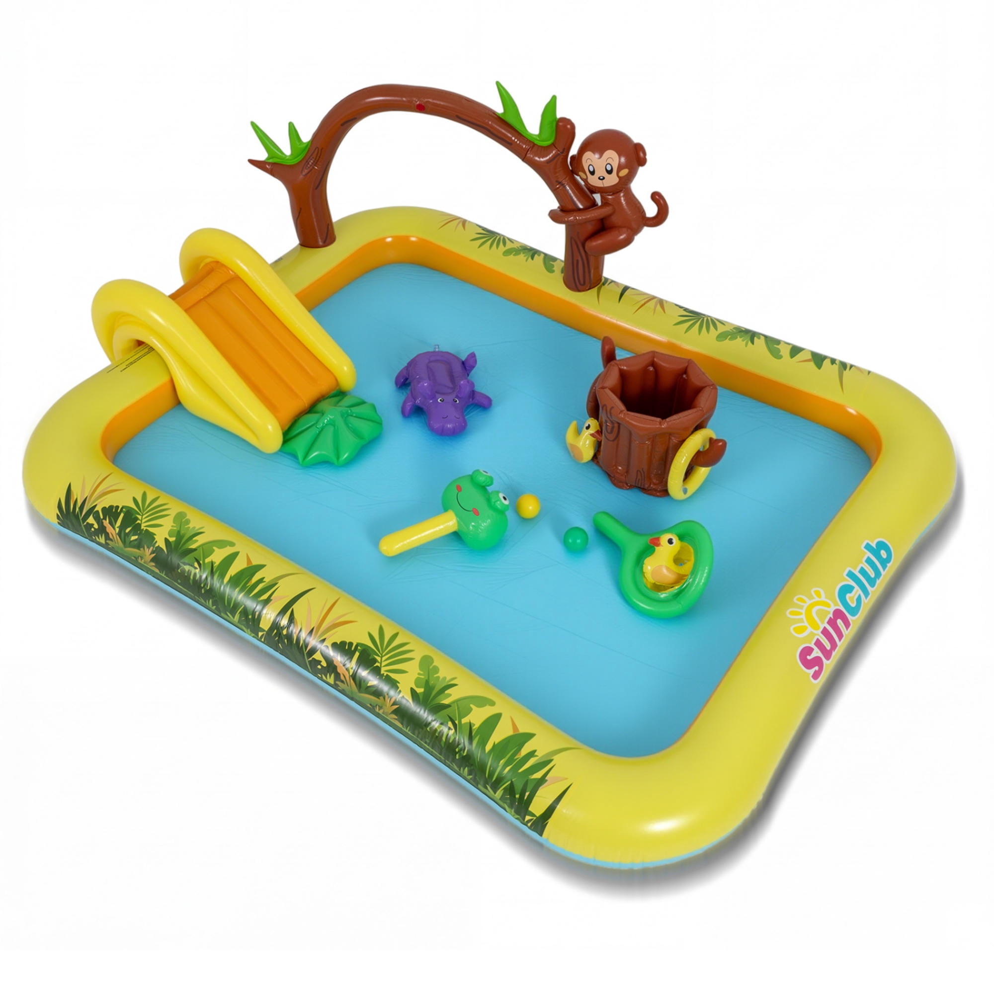 Sun Club Jungle Themed Inflatable Play Center Spray Pool with Slide, Sprinkler & Ring Toss Game, Outdoor Kids Water Play Pool for Toddlers 2-6, Backyard Summer Fun
