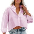 thumbnail image 2 of ZOHIUM Petite Tops for Women Womens Button Down Cropped Shirts Long Sleeve Casual Crop Tops Solid Lapel Blouse Shirt With Chest Pocket Ladies Tops and Blouses Clothes (Pink,S), 2 of 6