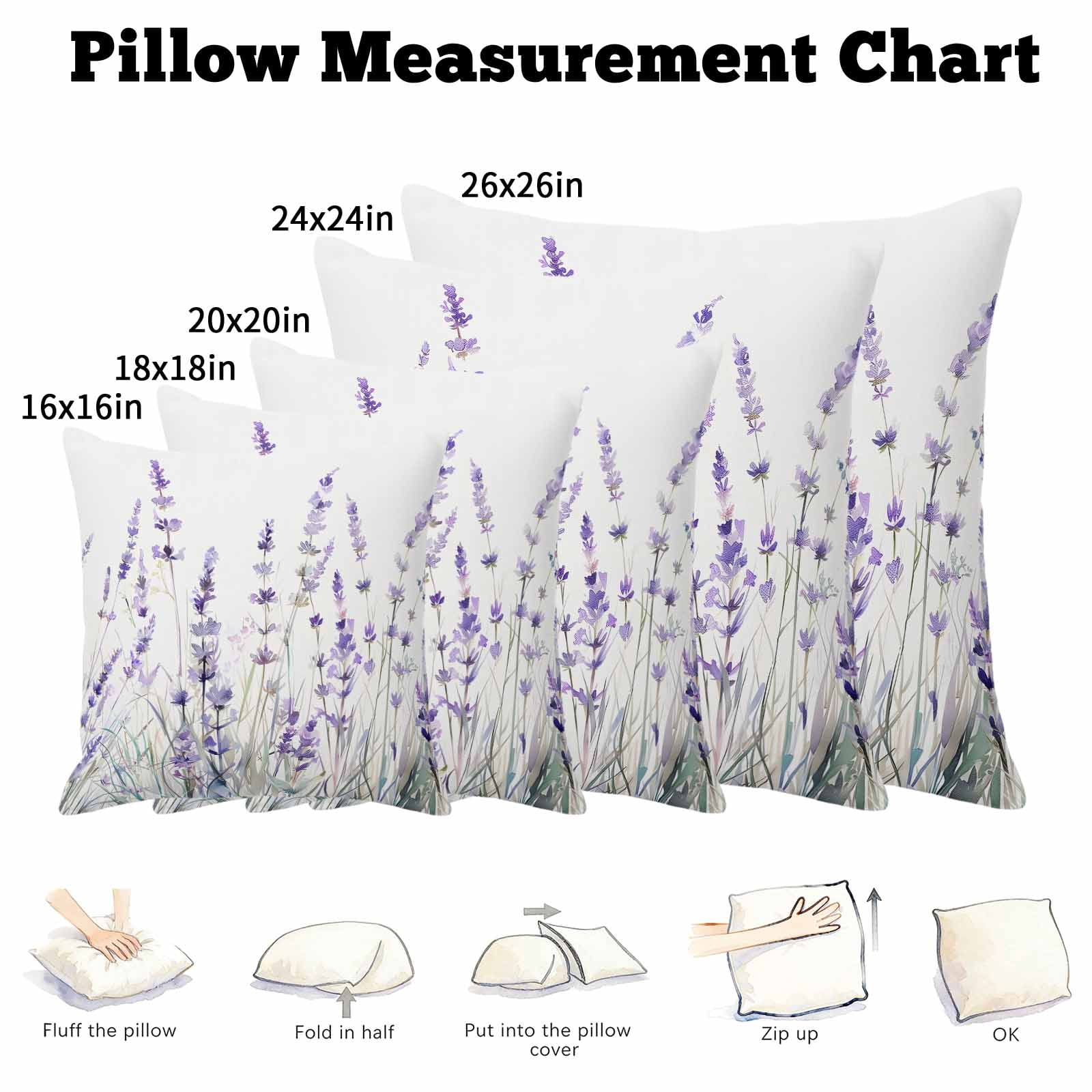 Pillow Covers 26x26 Inch, Lavender Floral Linen Pillowcase with Invisible Zipper, Spring Flowers Botanical Plants Decorative Throw Pillow Covers Cushion Case for Couch Sofa Bed Living Room