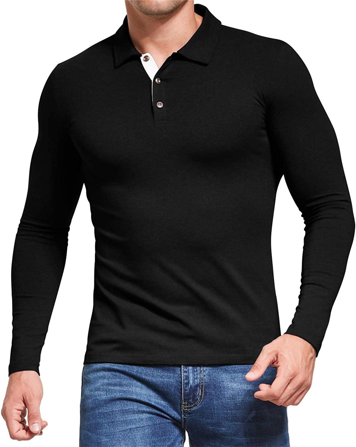 Aiyino Men's Long Sleeve Polo Shirts Casual Slim Fit Basic Designed ...
