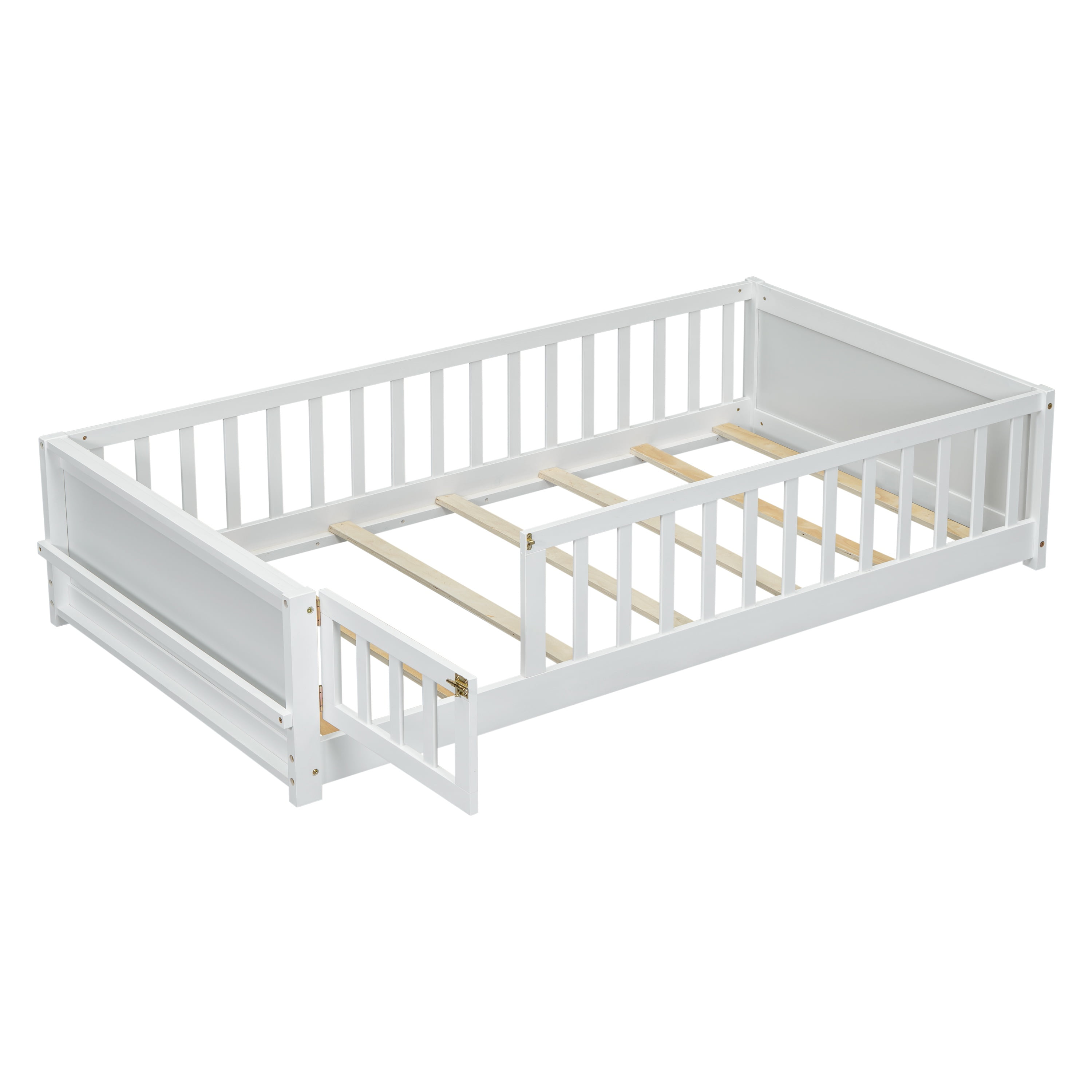 PORKISS Kids Floor Bed, Twin Size Solid Wood Floor Platform Bed with Book Storage Rack, Montessori Bed, With Door - White
