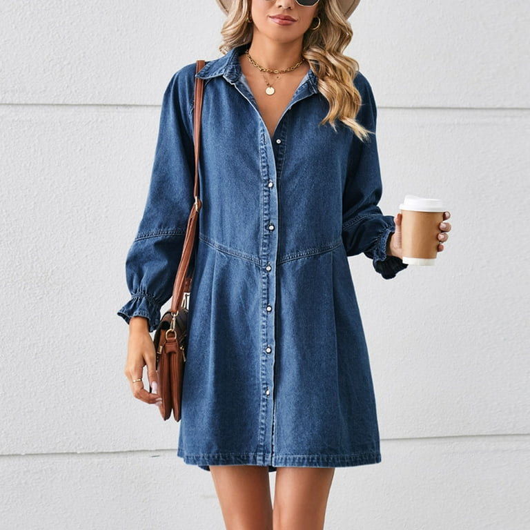 Fashion Denim Dress for Women 2025 Long Sleeve Ruffle Cuffs Button