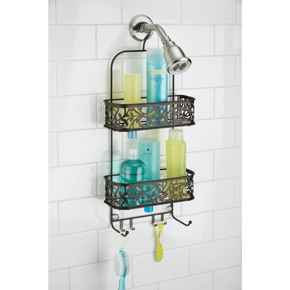 iDesign Vine Metal 2 Tier Shelf Shower Caddy with 2 Hooks, Bronze