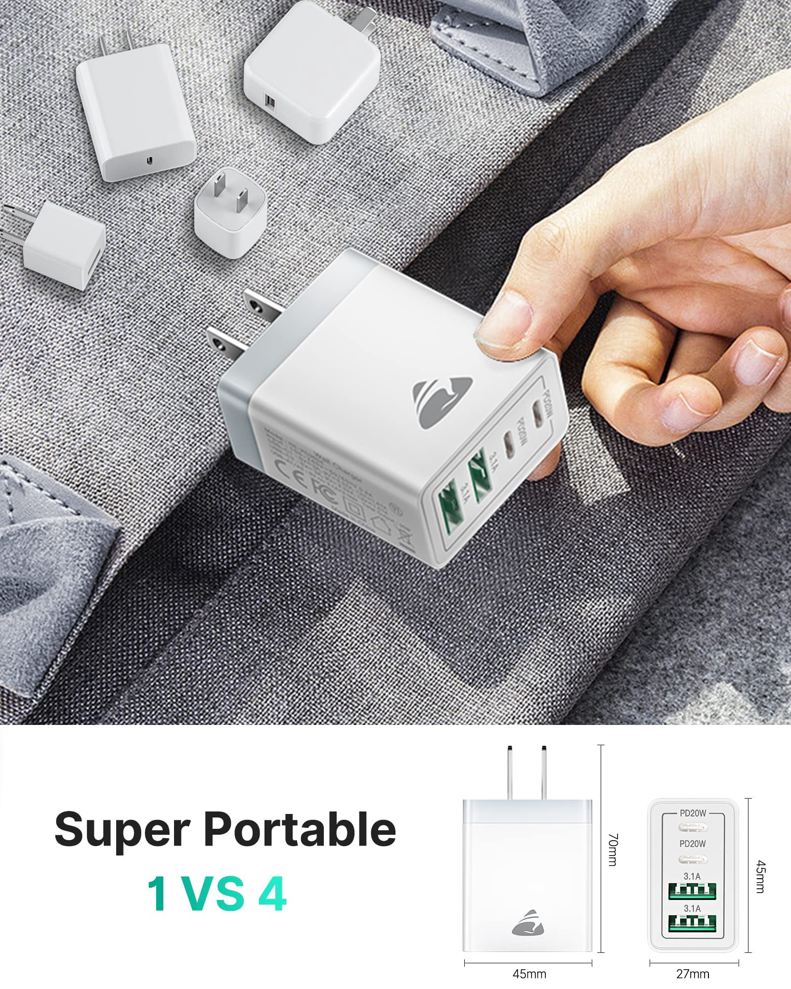 pannbo Flat USB Wall Charger 10W 5V 2A Retractable Plug Ultra-Slim Travel Charging Block AC Power Adapter for iPhone iPad Samsung Tablet White