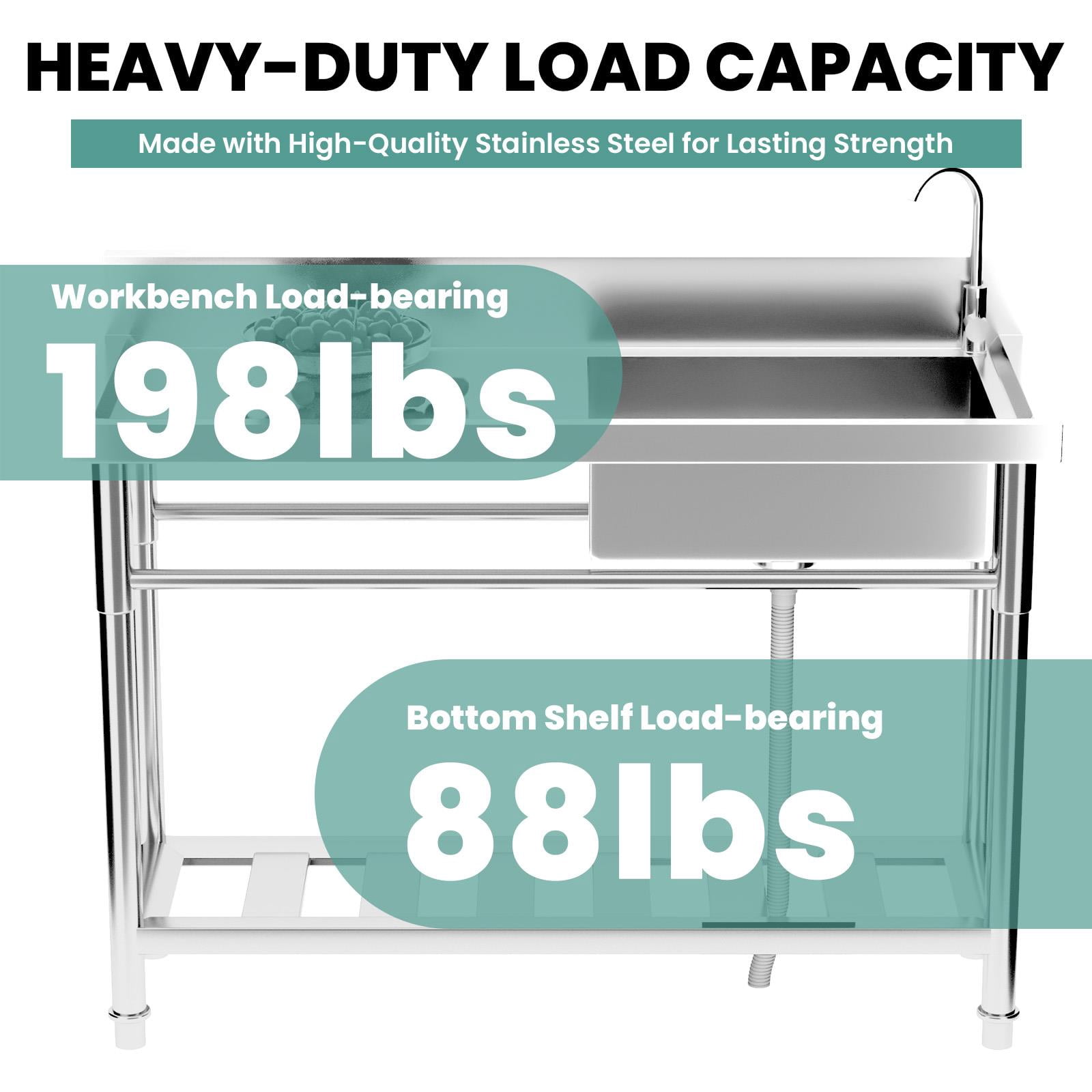 304 Stainless Steel Commercial Sink with Drainboard, 47.3" Freestanding Utility Sink with 360° Swivel Faucet, Heavy-Duty Workstation Sink for Restaurant, Garage, Laundry, Kitchen