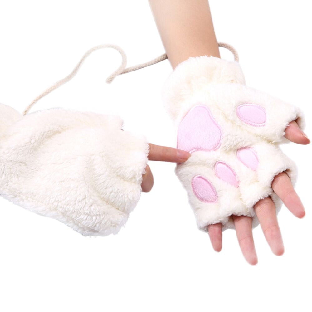 Women Thicken Plush Warm Half Finger Gloves Cute Cat Convertible Flip Mittens 