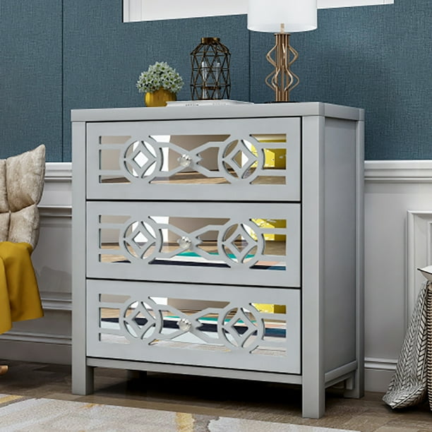 Wood Storage Cabinet Accent With 3 Drawers And Decorative Mirror Mid Century Modern Console Table For Home Bedroom Bathroom Entryway Living Wood Storage Cabinet Accent, Accent Cabinet With Drawers