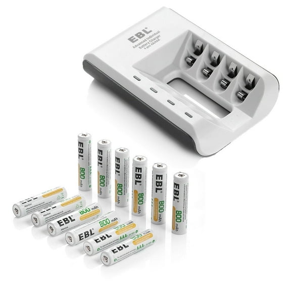 EBL 12-Pack AAA Rechargeable Batteries 800mAh with Battery Charger for AA AAA Ni-CD Ni-MH Batteries