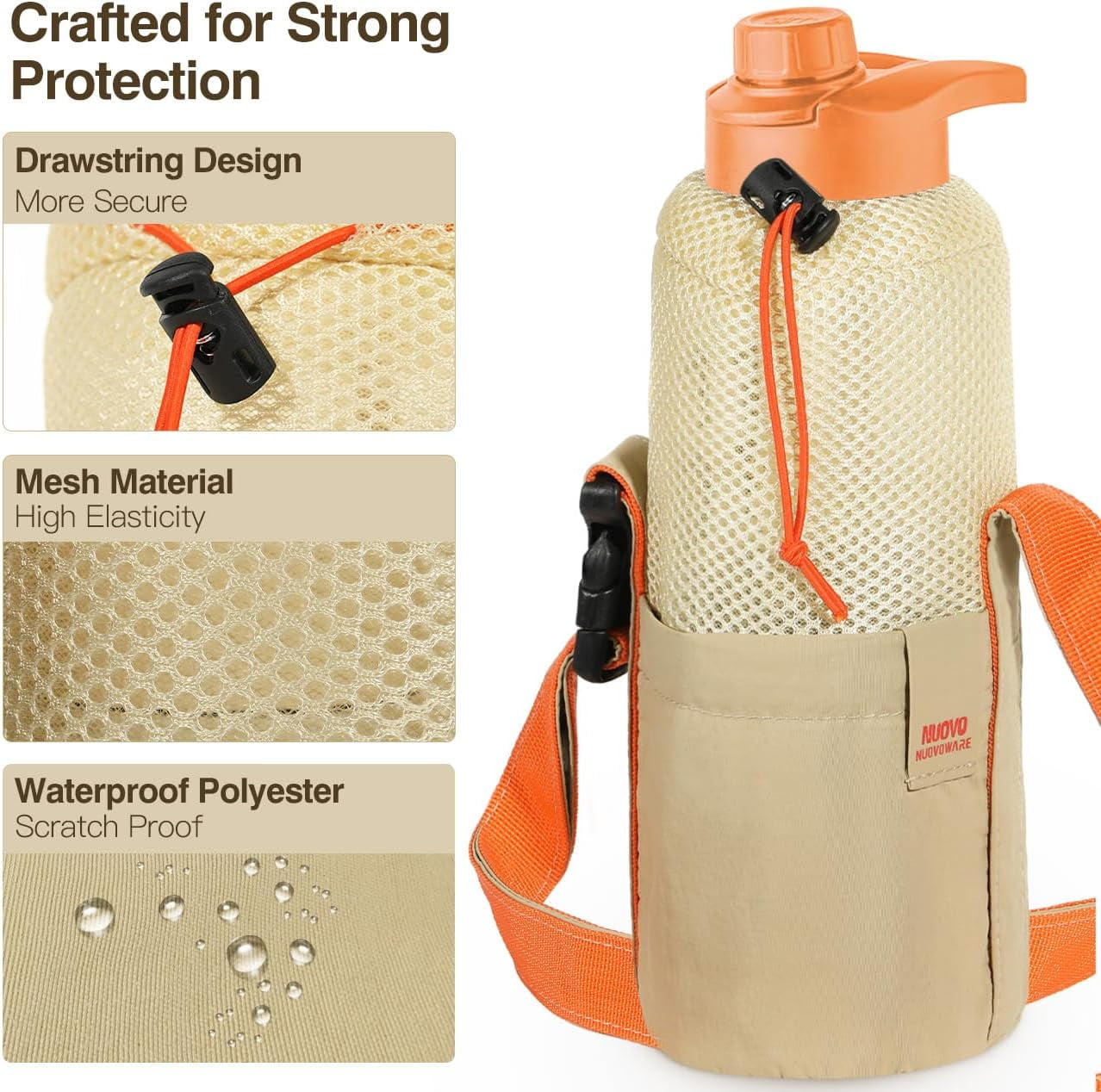Nuovoware Water Bottle Carrier Bag, 20OZ Water Bottle Holder with Adjustable Shoulder Strap, Drawstring Water Bottle Bag with Pocket for Hiking Nuovoware Water Bottle Carrier Bag, 20OZ Water Bottle Holder with Adjustable Shoulder Strap, Drawstring Water Bottle Bag with Pocket for Hiking
