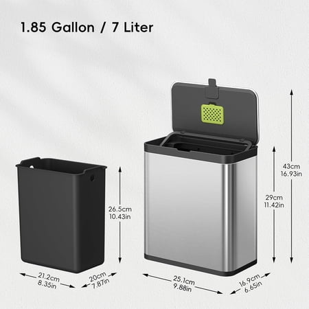 Kitchen Compost Bin, 7L / 1.85 Gal Stainless Steel with Removable Inner Bucket and Deodorizer Compartment, 2-in-1 Countertop Compost Bin with Lid, Food Waste Caddy for Kitchen (MMT & Black Finish)