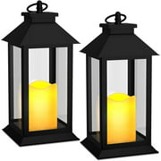 ZMNEW Decorative Lantern,14" Black Outdoor Hanging Lantern Battery Powered with Timer LED Candles for for Front Porch,Tabletop ,Home,Wedding,Christmas Balcony (Set of 2)