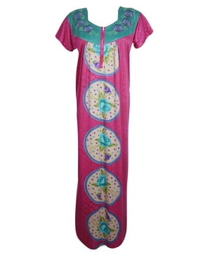 Mogul Women Pink Maxi Dress, Nightgown Floral Print Housedress Front Zip Neck Nightwear Sleepwear Kaftan Dresses L